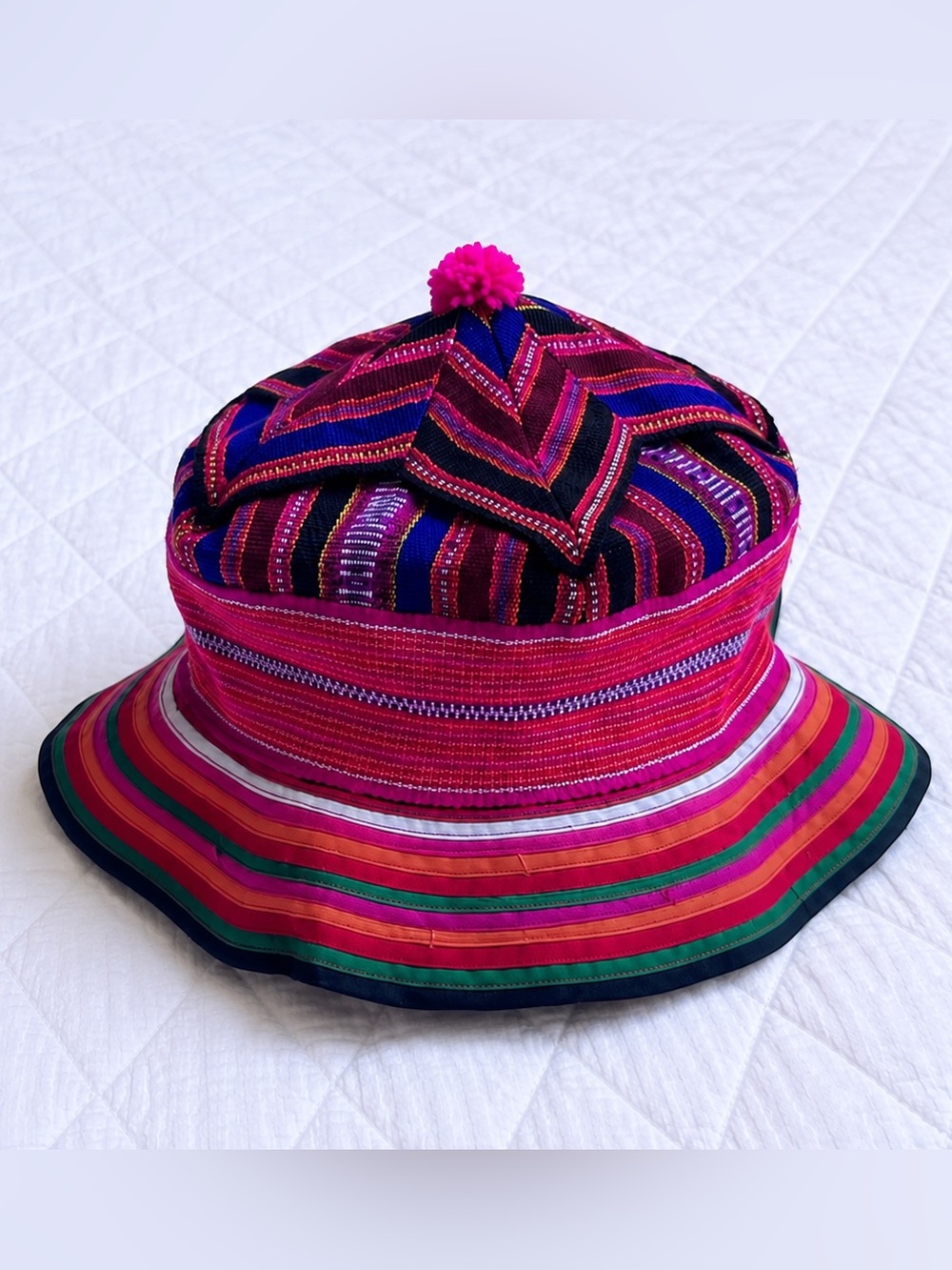 AUTHENTIC Handmade Thai Hill Tribe Pom Pom Bucket Hat Chevron Boho Festival